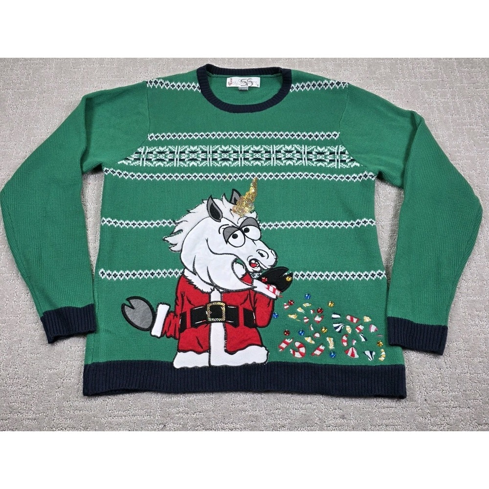 Jolly Sweaters Unicorn Vomiting Sequins Mens Large Green‎ Ugly Christmas Sweater